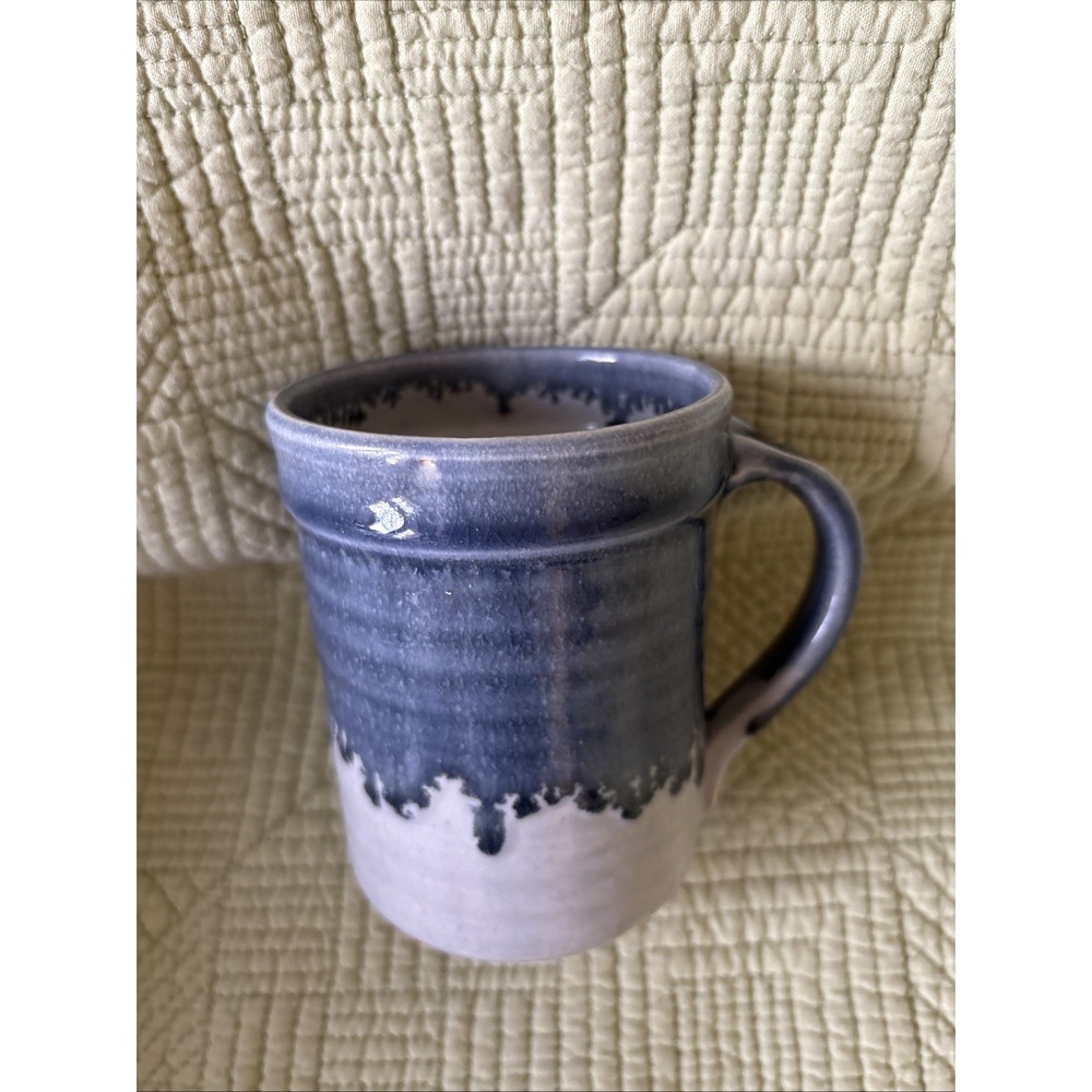 Signed Studio Pottery Mug Inky Blue Drip Glaze Handmade Stoneware